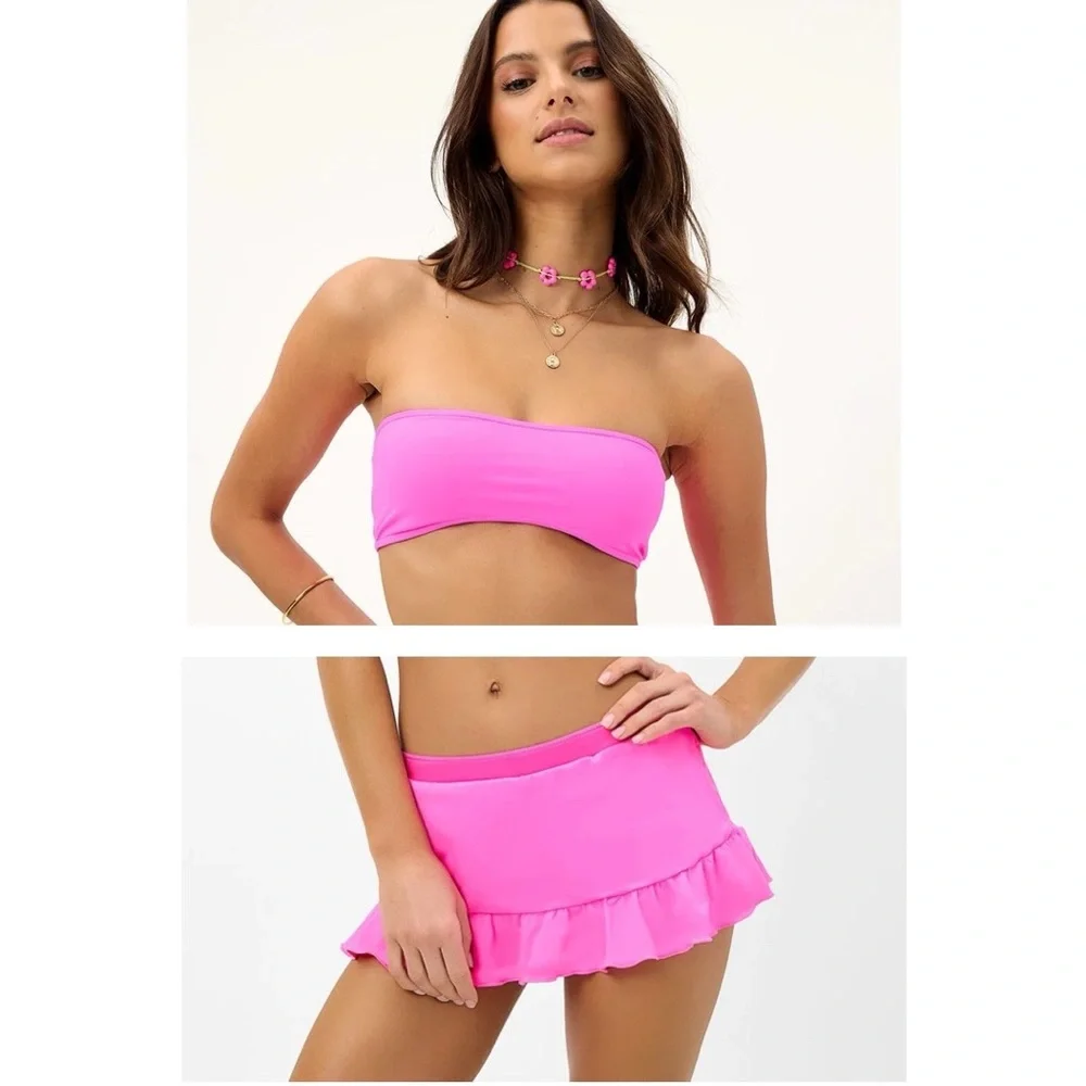 NEW Frankie’s Bikinis Jean Bandeau Bikini Top Andrea Mini Skirt Watermelon